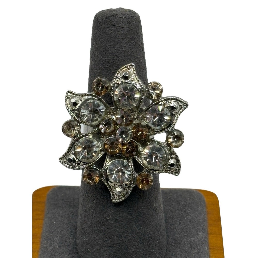 VTG Flower Ring Clear & Champagne Rhinestones Silver Tone‎ Adjustable Statement